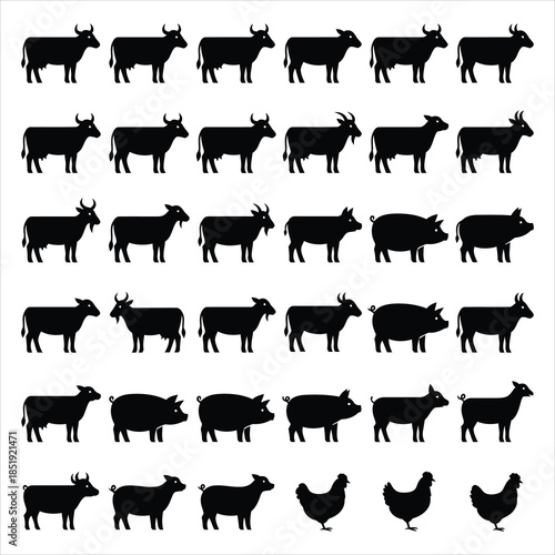 Farm animals silhouette icon set featuring cows, pigs, and goats.