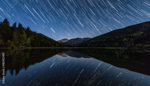Wallpaper Mural Night sky star trails over lake and mountain landscape reflection. Torontodigital.ca