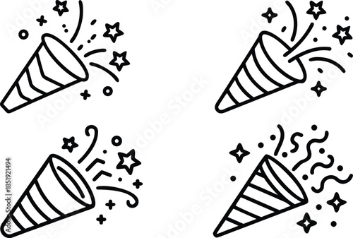 Party Popper Line Art Symbol Set For Holiday And Festival Graphics On Transparent Background