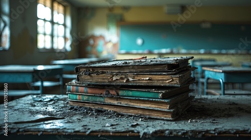 Stack of Old, Damaged Textbooks on a Dusty Desk in an Abandoned Classroom