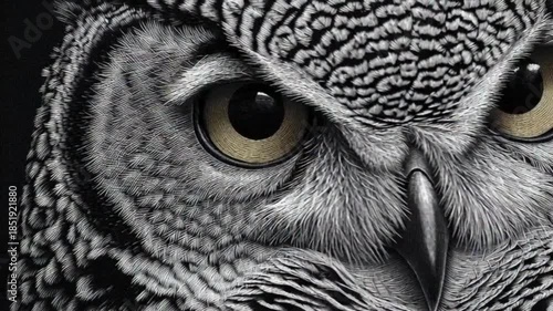 Close up view of an owls eye showing feathers and sharp beak detail