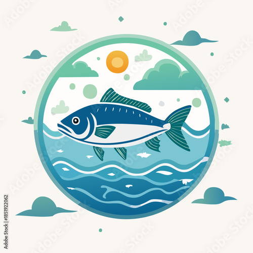Blue Fish Swimming in Ocean Waves Under Sunny Sky.