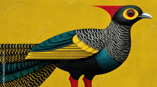 stylized, colorful bird illustration with detailed feathers on a yellow background