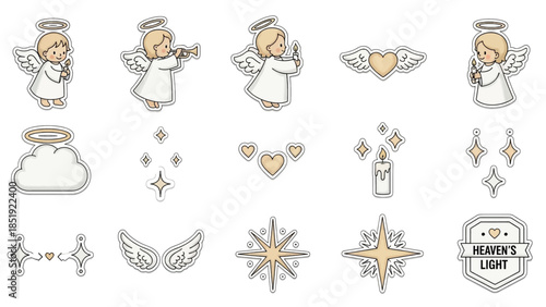 Whimsical collection of angelic figures and celestial elements, perfect for spiritual or holiday themes.