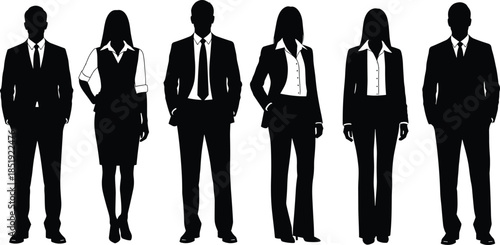 Business men and women silhouettes in formal suits standing together, professional corporate team diversity leadership concept isolated on white background