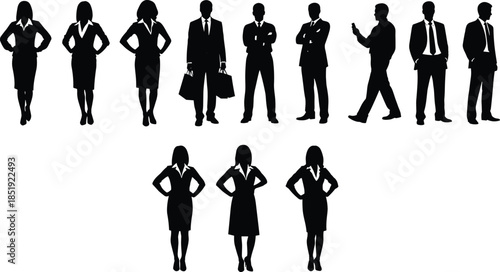 Business men and women silhouettes in professional poses, corporate teamwork, leadership, confidence and office lifestyle concept illustration isolated on white background
