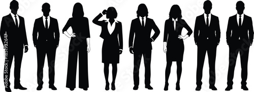 Business men and women silhouettes standing together in formal suits, professional corporate team concept, leadership diversity illustration isolated on white