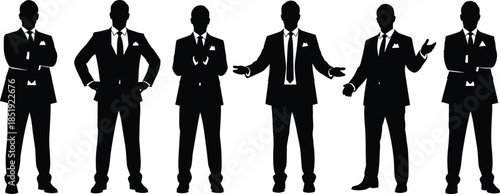 Business men silhouettes in formal suits showing confident leadership gestures, professional corporate executives presenting ideas isolated on white background