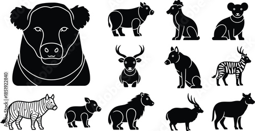 Collection of various african animal silhouettes in black and white