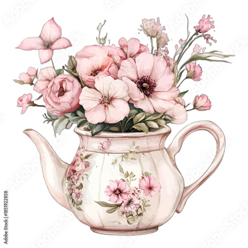 Vintage Teapot with Pink Flowers Bouquet Vector Clipart
