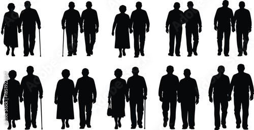 Elderly couples silhouettes walking together, senior men and women companionship, aging lifestyle, family love and care concept isolated on white background