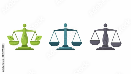 Set of three balancing scales icons representing justice, law, equality, and fairness in a conceptual design