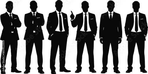 Group of confident business men silhouettes in formal suits standing together isolated on white background representing leadership, teamwork, and corporate success