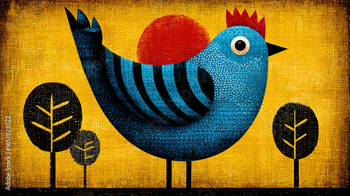 Stylized blue bird with red crest perched on a simple landscape.