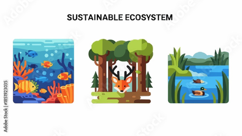 Vibrant flat illustrations of diverse ecosystems coral reef, forest with deer, and tranquil wetland. Symbolizing ecological balance and nature's beauty