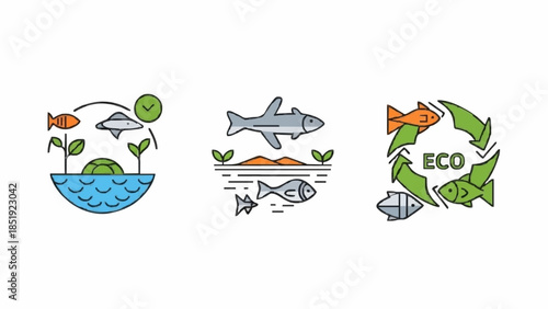 Vibrant Ecological Icon Set Illustrating Sustainable Aquatic Ecosystems, Marine Life Cycles, and Environmental Conservation Principles