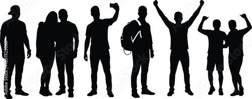 Group of diverse people silhouettes celebrating, traveling, and taking photos together isolated on white background representing friendship, adventure, and lifestyle concepts