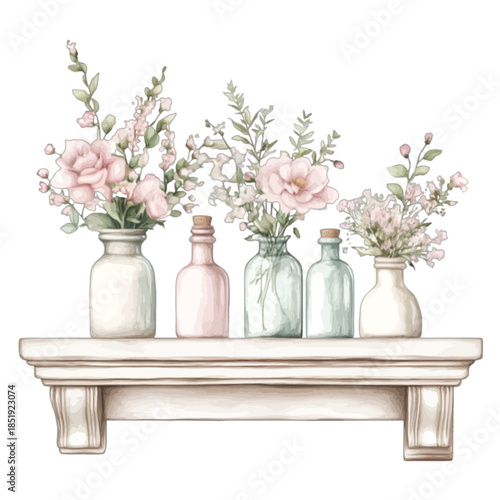 Rustic Wooden Shelf with Pink and White Flowers in Vases Vector Illustration
