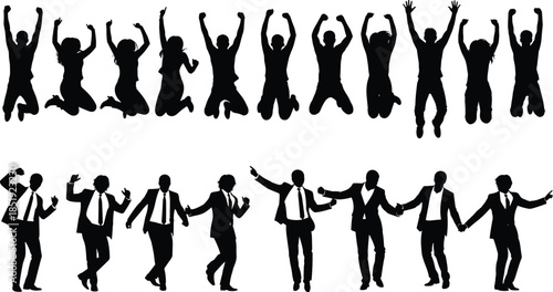 Group of joyful human silhouettes jumping and dancing in celebration poses isolated on white background symbolizing success, happiness, and teamwork