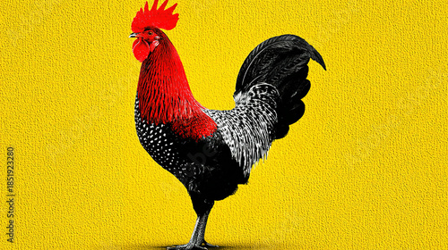 Vibrant illustration of a confidently standing rooster against a yellow background.