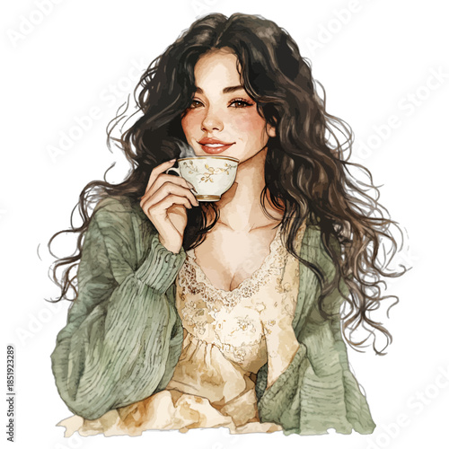 Cozy Woman Drinking Tea Illustration Vector Clipart
