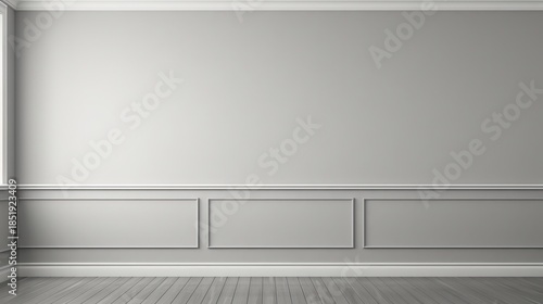 Wallpaper Mural A minimalist interior wall featuring a smooth gray surface with decorative trim and polished wooden flooring. Torontodigital.ca
