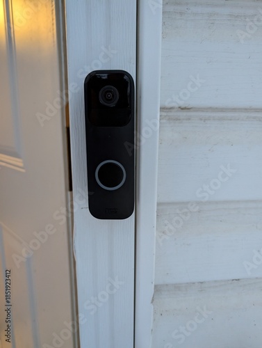 A close-up, vertical image of a black smart video doorbell mounted on the white wooden frame of a house's exterior door. 