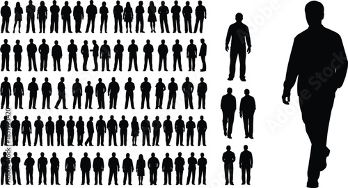 Large collection of people silhouettes in various standing and walking poses, diverse human figures set for design and social concepts