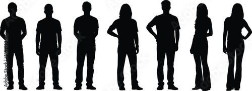 Men and women silhouettes standing in casual poses, diverse everyday people figures representing lifestyle, individuality, and modern social concept isolated on white background