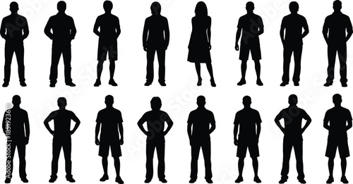 Men and women silhouettes standing in casual poses, diverse human figures collection representing lifestyle, fitness, everyday people concept isolated on white background
