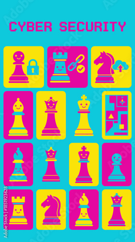 Digital Cyber Security Concept in Cyan and Pink Pixelated Graphic with Chess Pieces and Data Icons on a Yellow Background