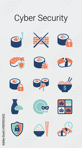 Pixel Art Cyber Security Sushi Icons on White Background Concept