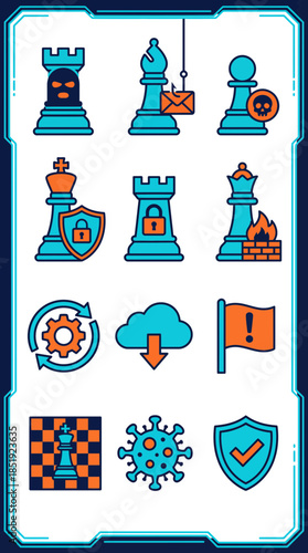 Pixel Art Style Chess Pieces and Cybersecurity Threat Icons Against Patterned Background in Dark Blue Frame