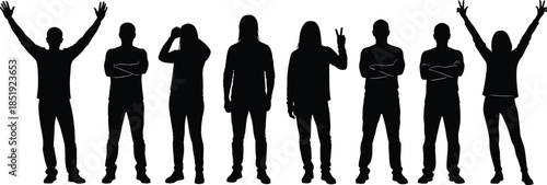 People silhouettes showing different emotions and gestures, casual lifestyle men and women poses collection concept isolated on white background