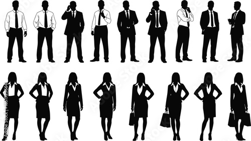 Professional business men and women silhouettes standing in confident poses, corporate teamwork concept, leadership diversity illustration isolated on white background