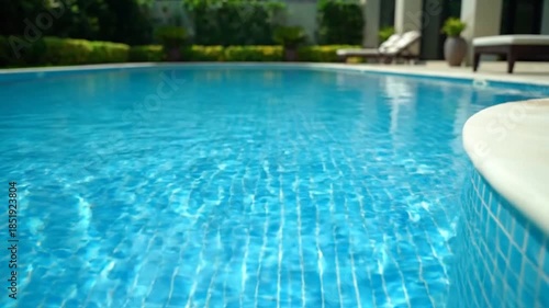 Wallpaper Mural Sunny outdoor swimming pool with glistening blue water, tiles, and blurred green garden Torontodigital.ca