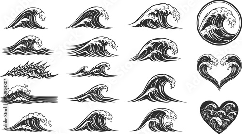 Collection of wave and heart tattoos