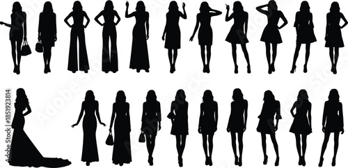 Set of elegant female silhouettes in different poses isolated on white background for fashion, style, and design concepts