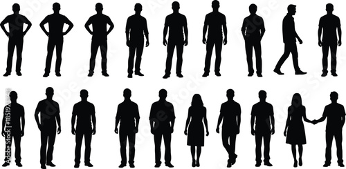 Set of male and female human silhouettes in various standing poses isolated on white background for design use