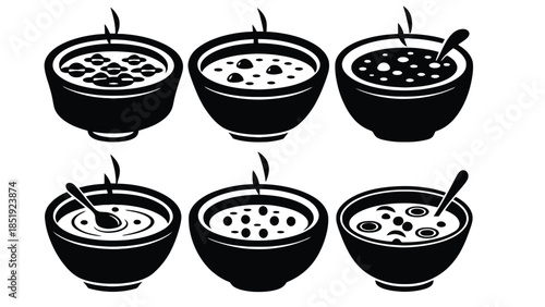 Variety of oatmeal bowls with different toppings and spoons