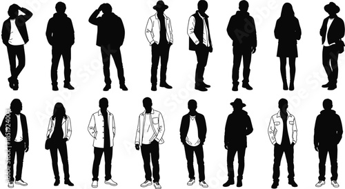 Set of stylish male and female casual fashion silhouettes in relaxed standing poses isolated on white background for modern design use
