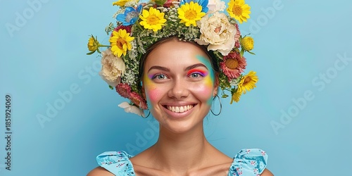 Woman with colorful makeup and floral crown smiling brightly