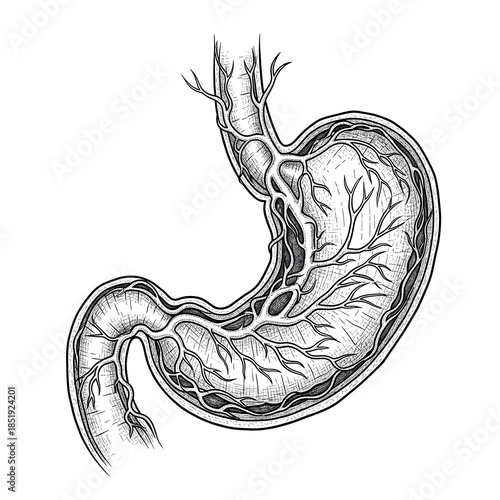 Intricate black and white hand-drawn illustration of human stomach anatomy, showing realistic blood vessel structure, detailed ink lines with soft grayscale shading, vintage engraving style, high clar