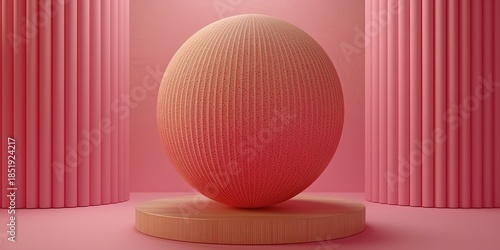 Pink sphere on a wooden platform in a minimalist room