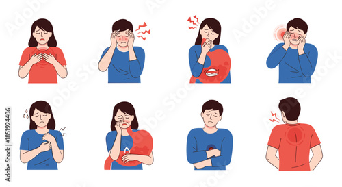 Diverse set of people experiencing various types of pain and illness, including headaches, toothaches, stomach aches, and back pain.