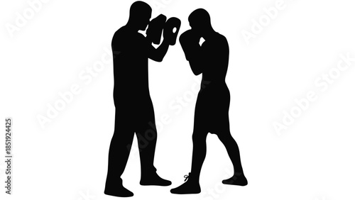 Two boxers in fighting stance with gloves on white background