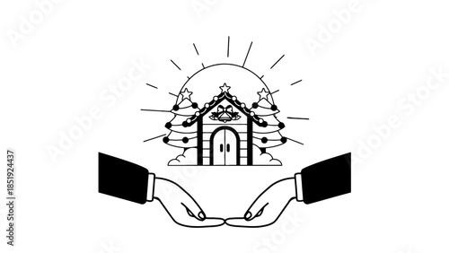 Hands protecting a house with Christmas decorations