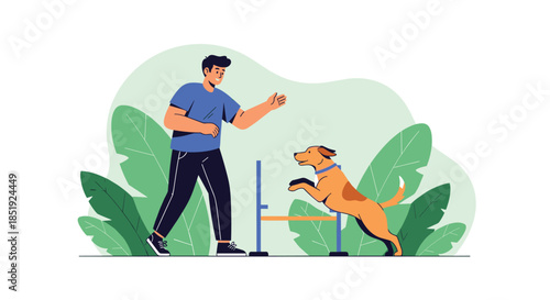 Man engaging in positive dog training, teaching his pet dog to jump over a hurdle, set against a background of lush green leaves.