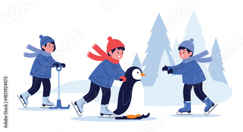 Three happy children enjoying ice skating in a snowy winter landscape, one using a penguin helper, two friends playing together.