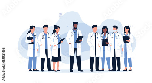 Diverse group of medical professionals and doctors standing together in lab coats, stethoscopes, and holding clipboards, ready to serve.